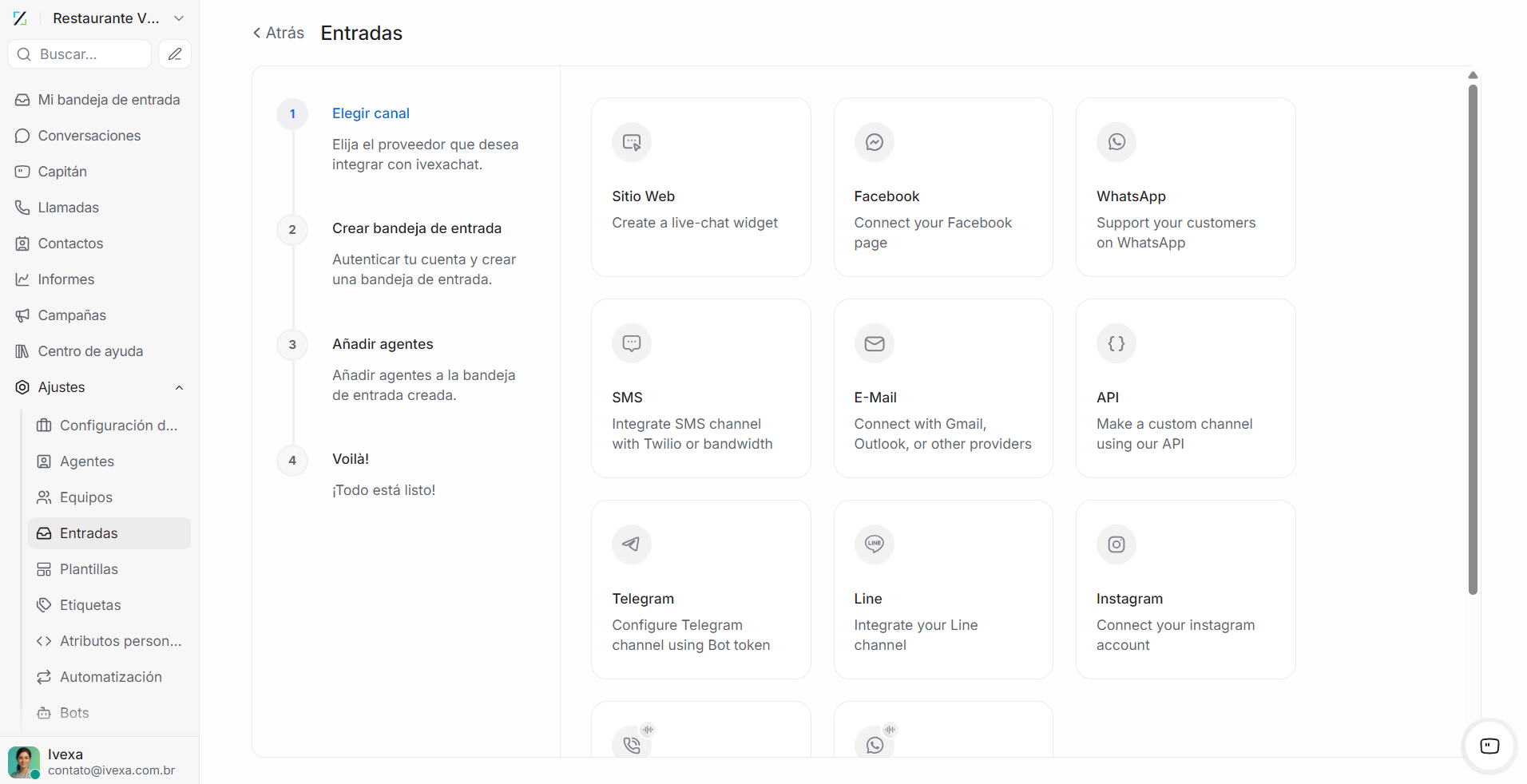 Canales conectados: WhatsApp, email, redes y mas